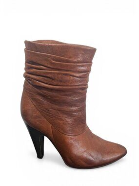 BCBGMaxazaria Brown Leather Slouchy Heeled Ankle Boots Pointed Toe Size 6.5